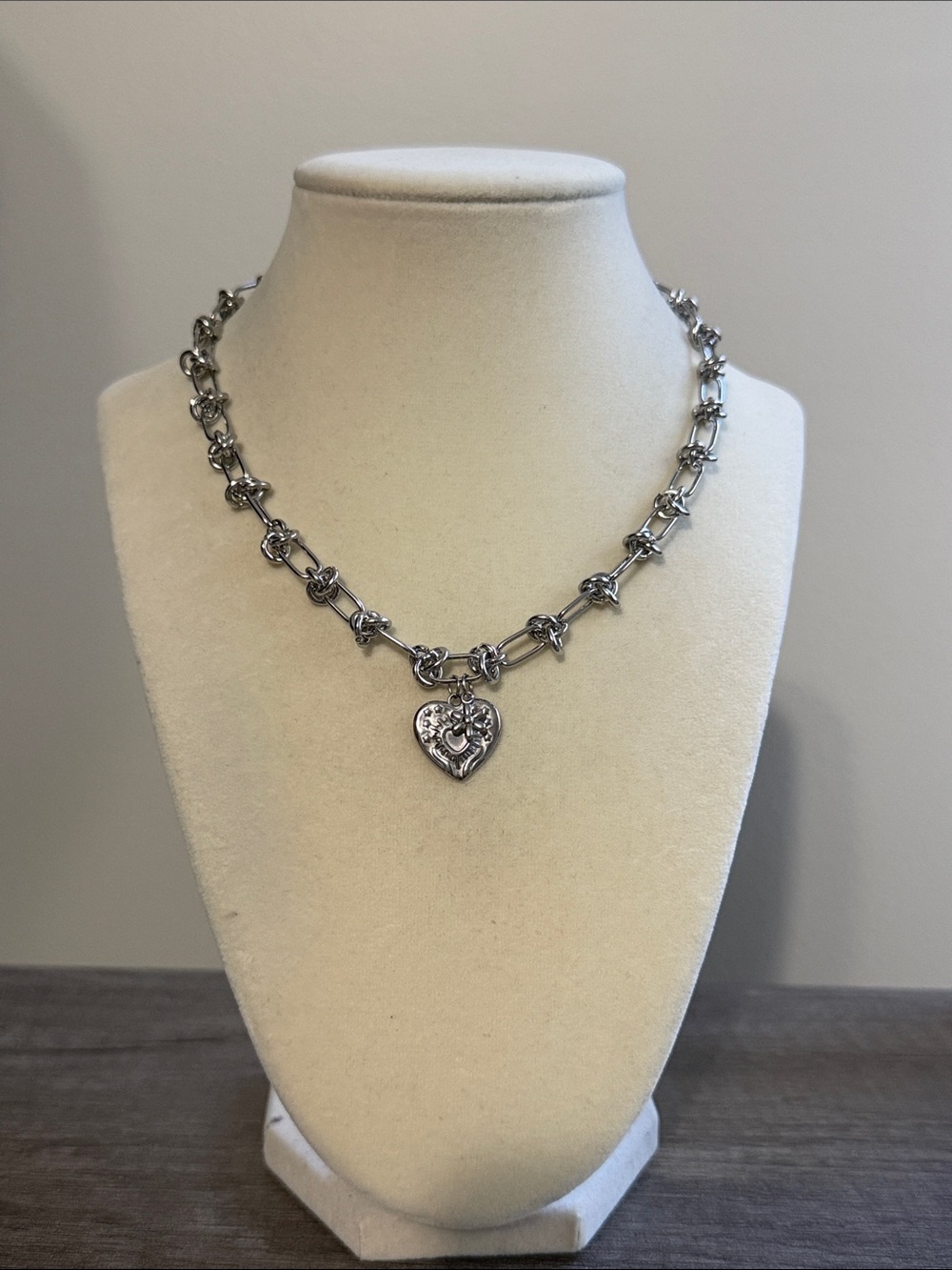 Stainless Steel Link & Knot Chain w/ Heart & Flower Charms